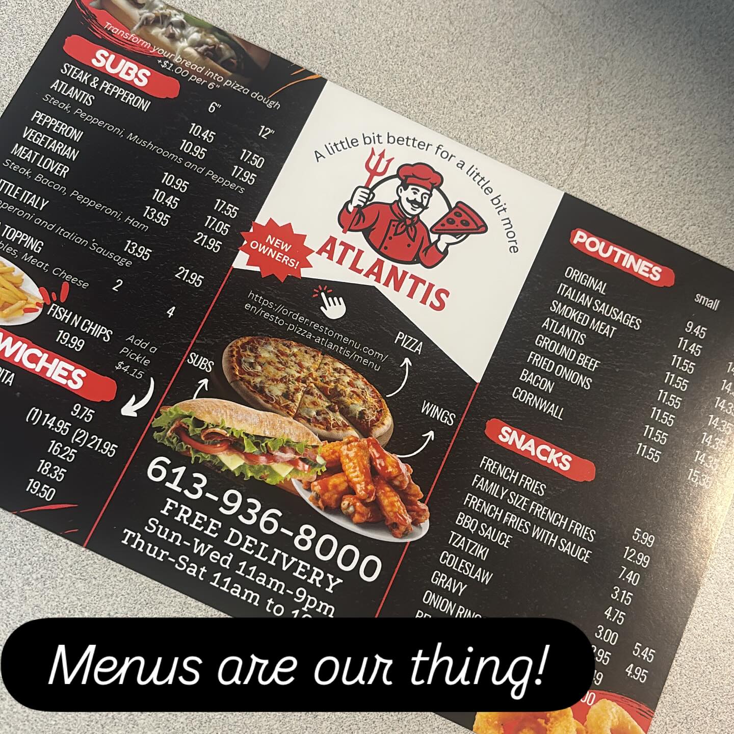 Atlantis‘ new menus just dropped! Need menus done? We have the best pricing around!