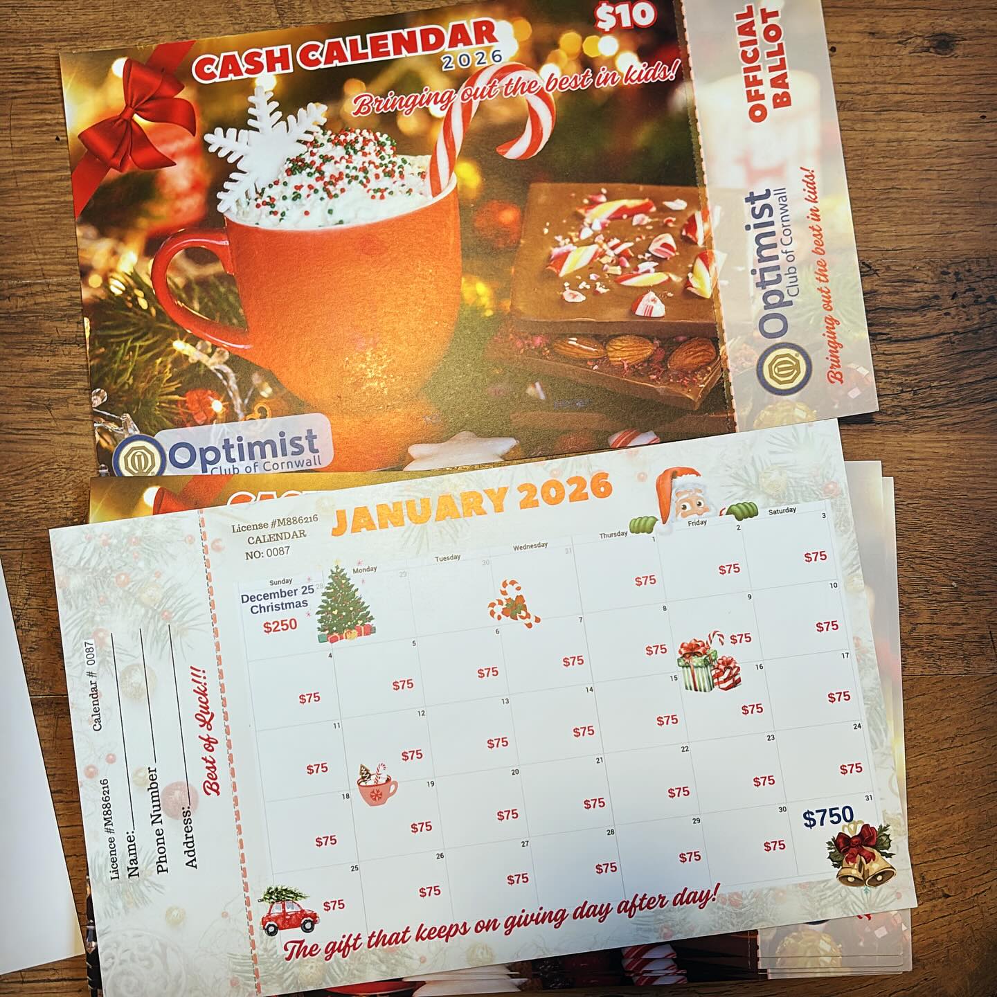 We love this time of the year. Look for these beautiful cash calendars at one of your Optimist club of Cornwall‘s events soon.
