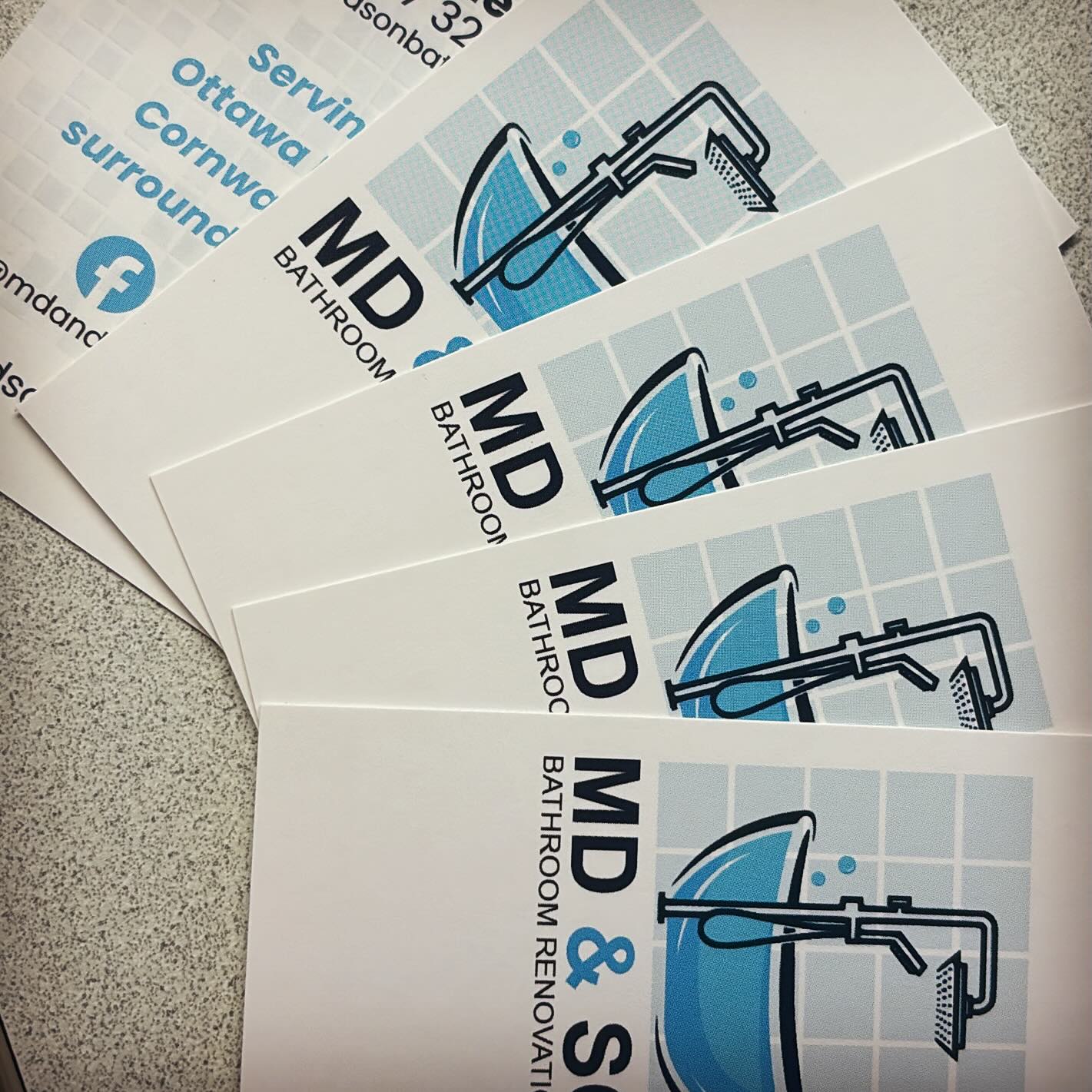 These are super cute. Business cards 16 point high-quality double-sided made to leave a lasting impression. We also designed the logo and did their website. Check it out at mdandsonbathroom.ca.